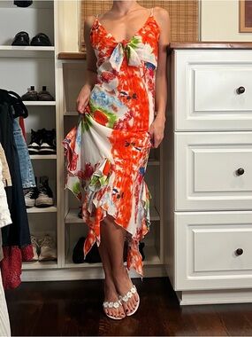 Floral Tie-Front Spaghetti Strap Midi Dress in Orange and White